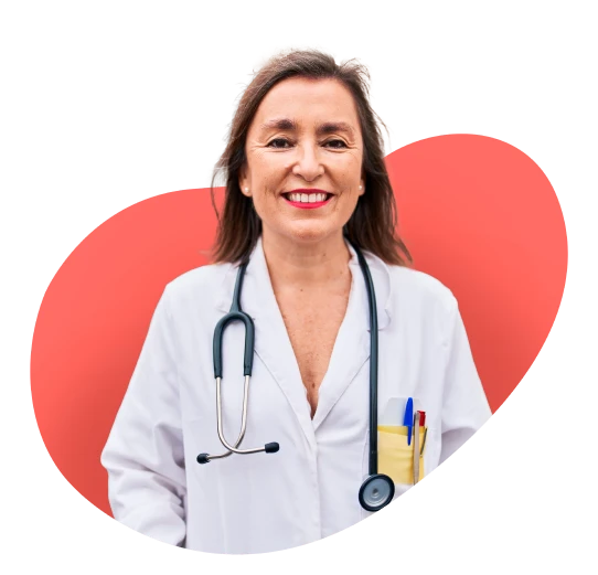 A fertility specialist appears against a red background